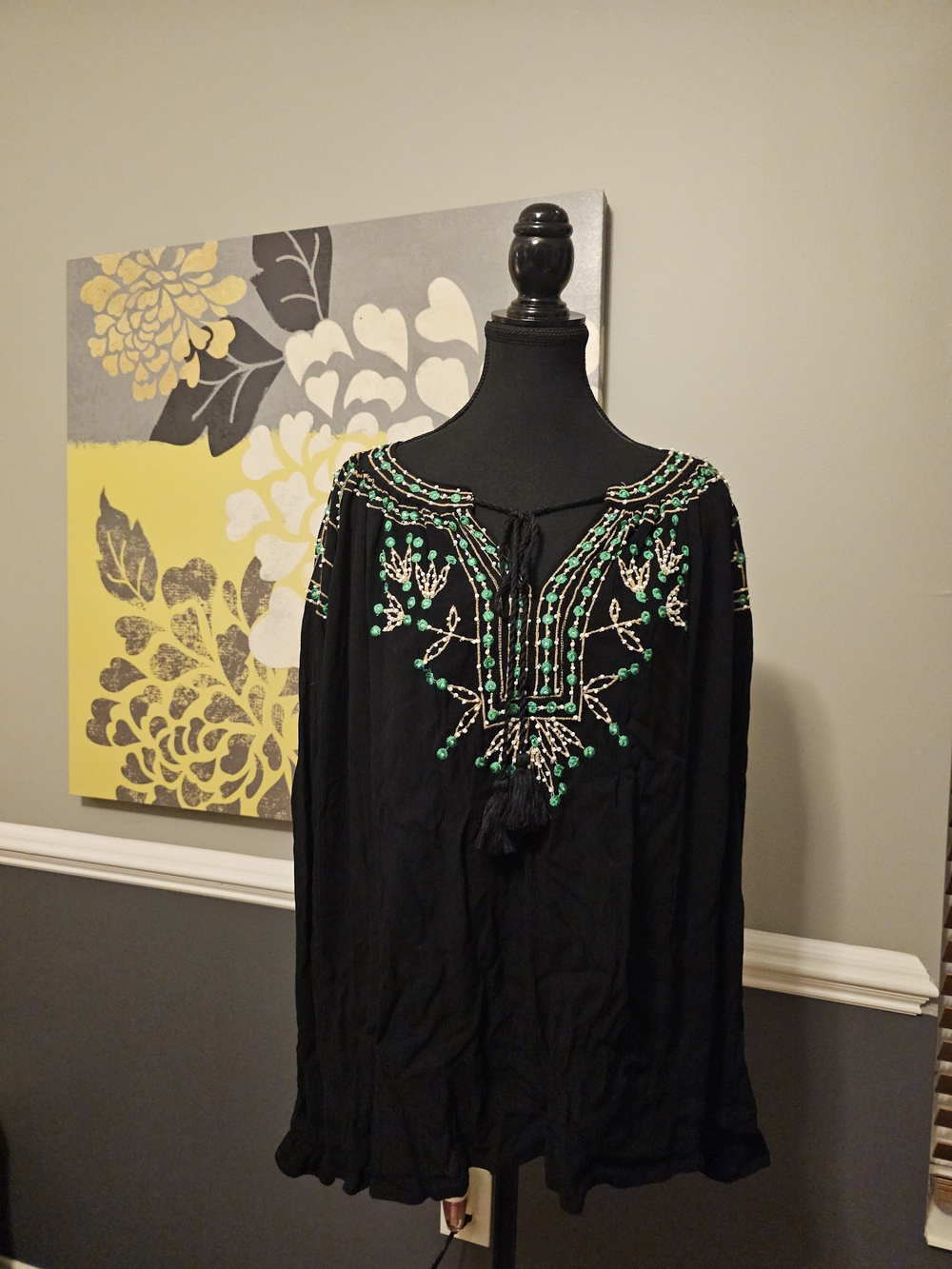 🌟 RD & Koko Black Boho Embroidered Beaded Peasant Tunic Blouse L